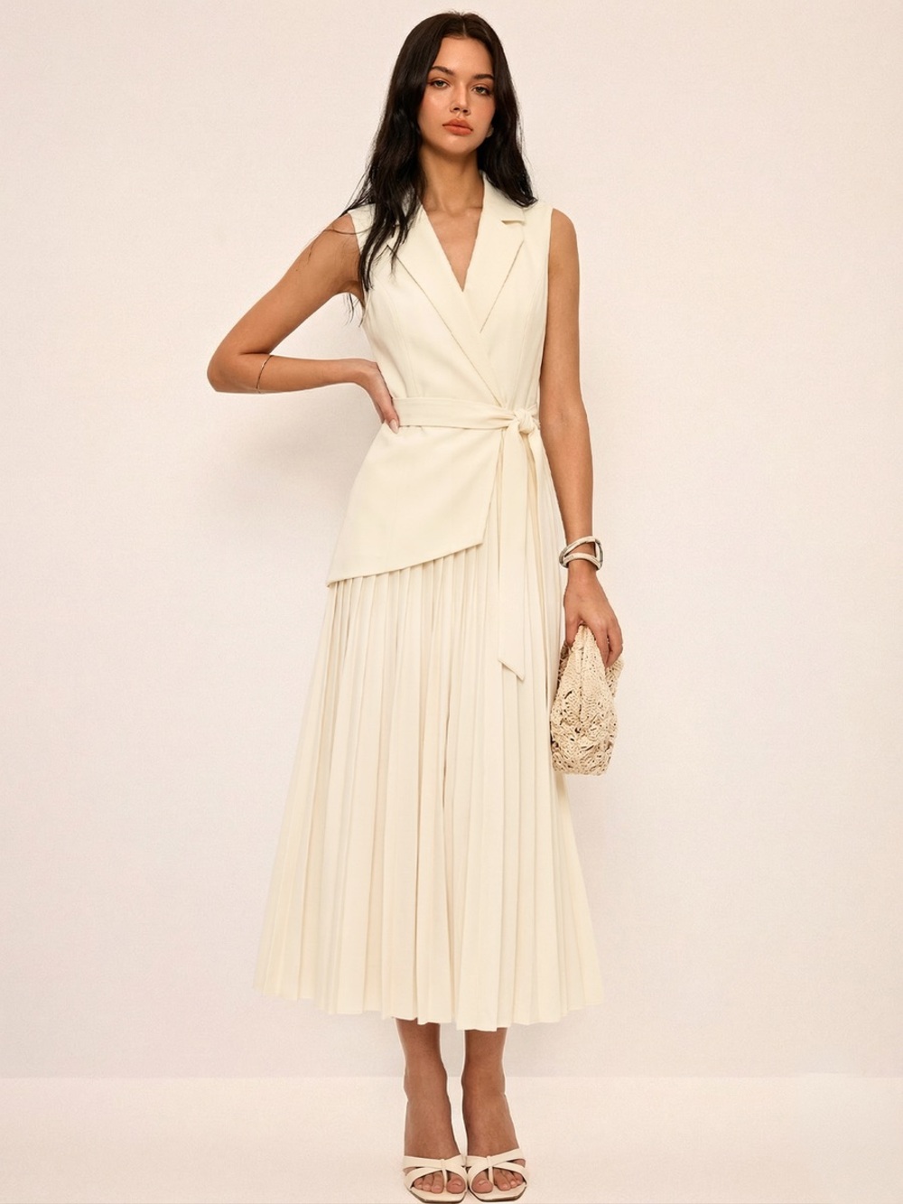 COMMENSE Sleeveless Belted Pleated Blazer Midi Dress